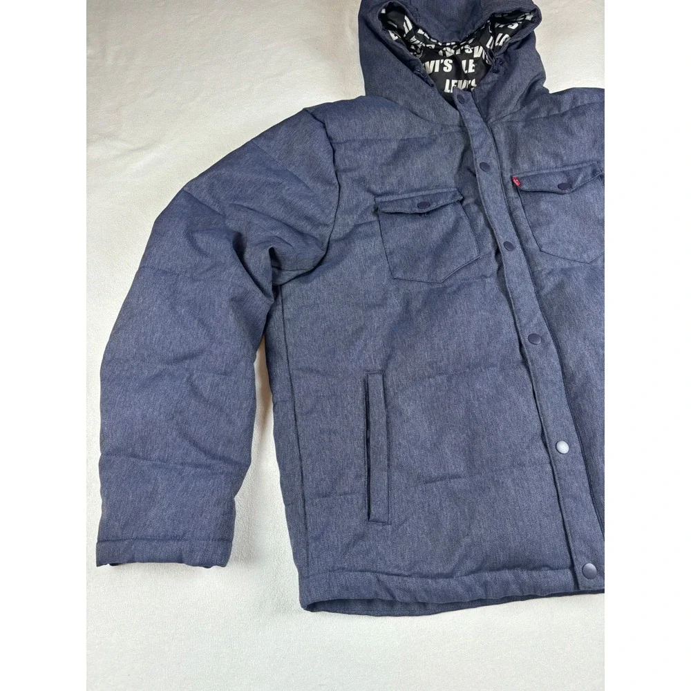 Levis Mens Hooded Puffer Jacket Blue Heathered Snap Front Insulated Coat‎ Large